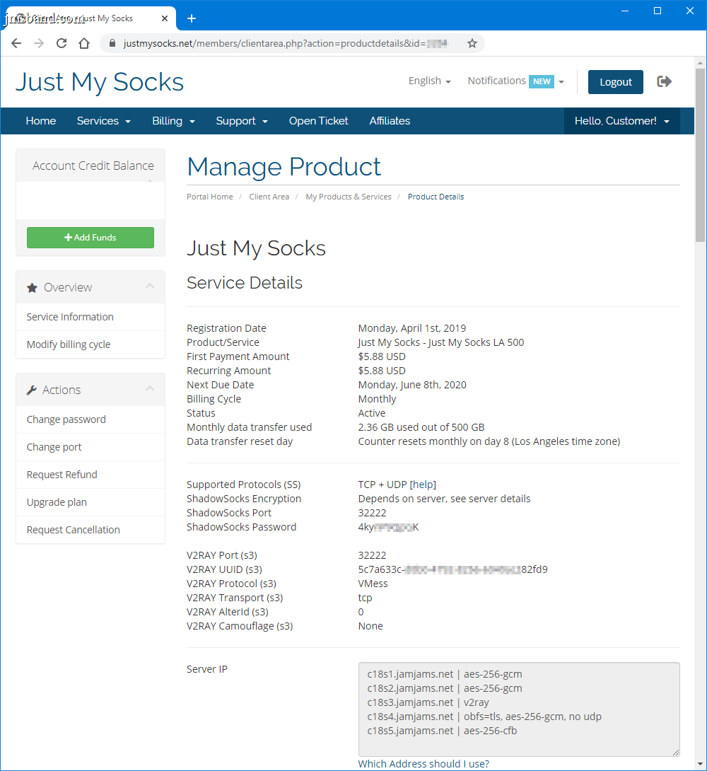 Just My Socks service connection details